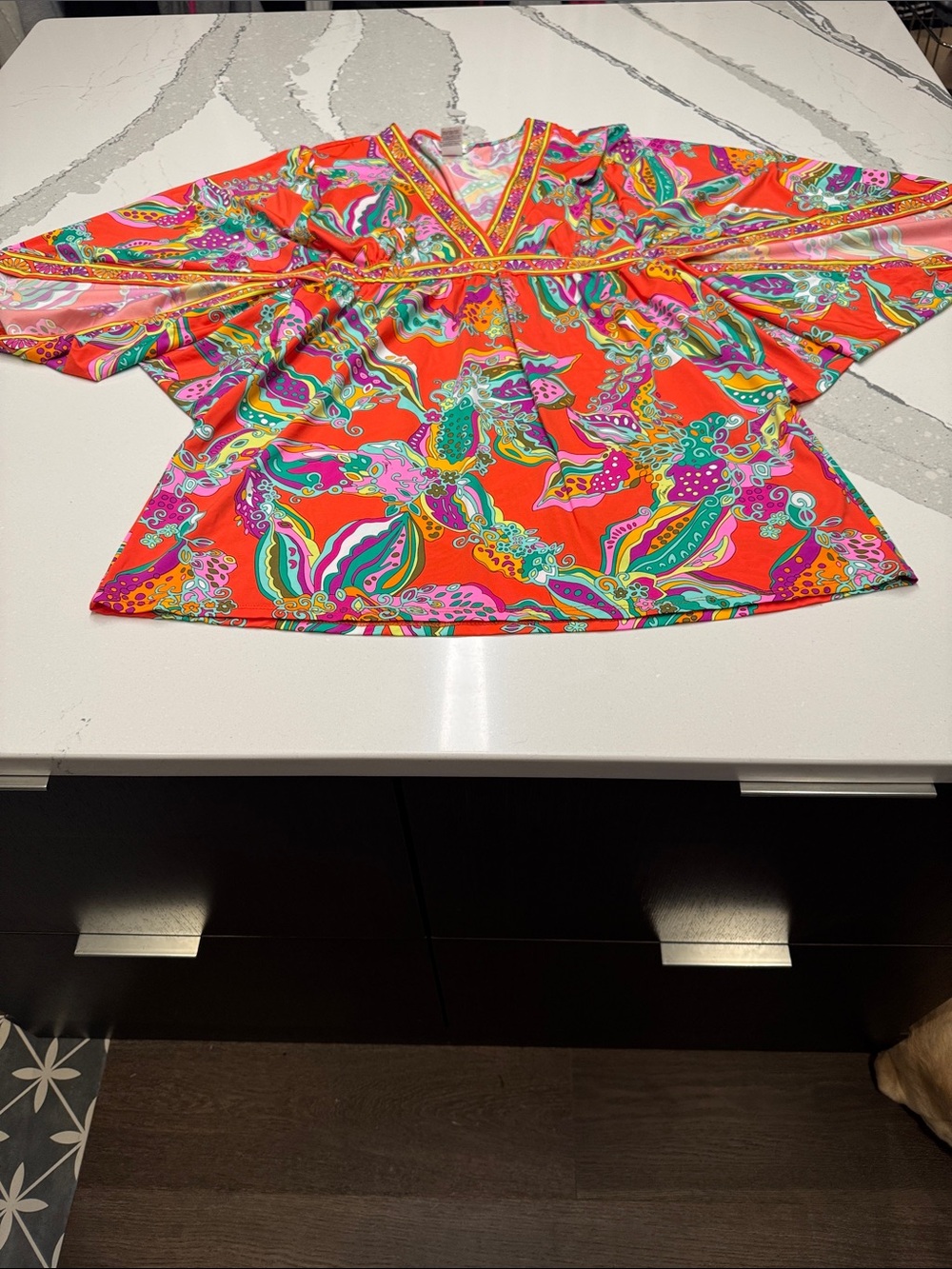 Trina Turk Bright Red-Orange Multi-Color Paisley V-Neck Kimono Tunic Coverup